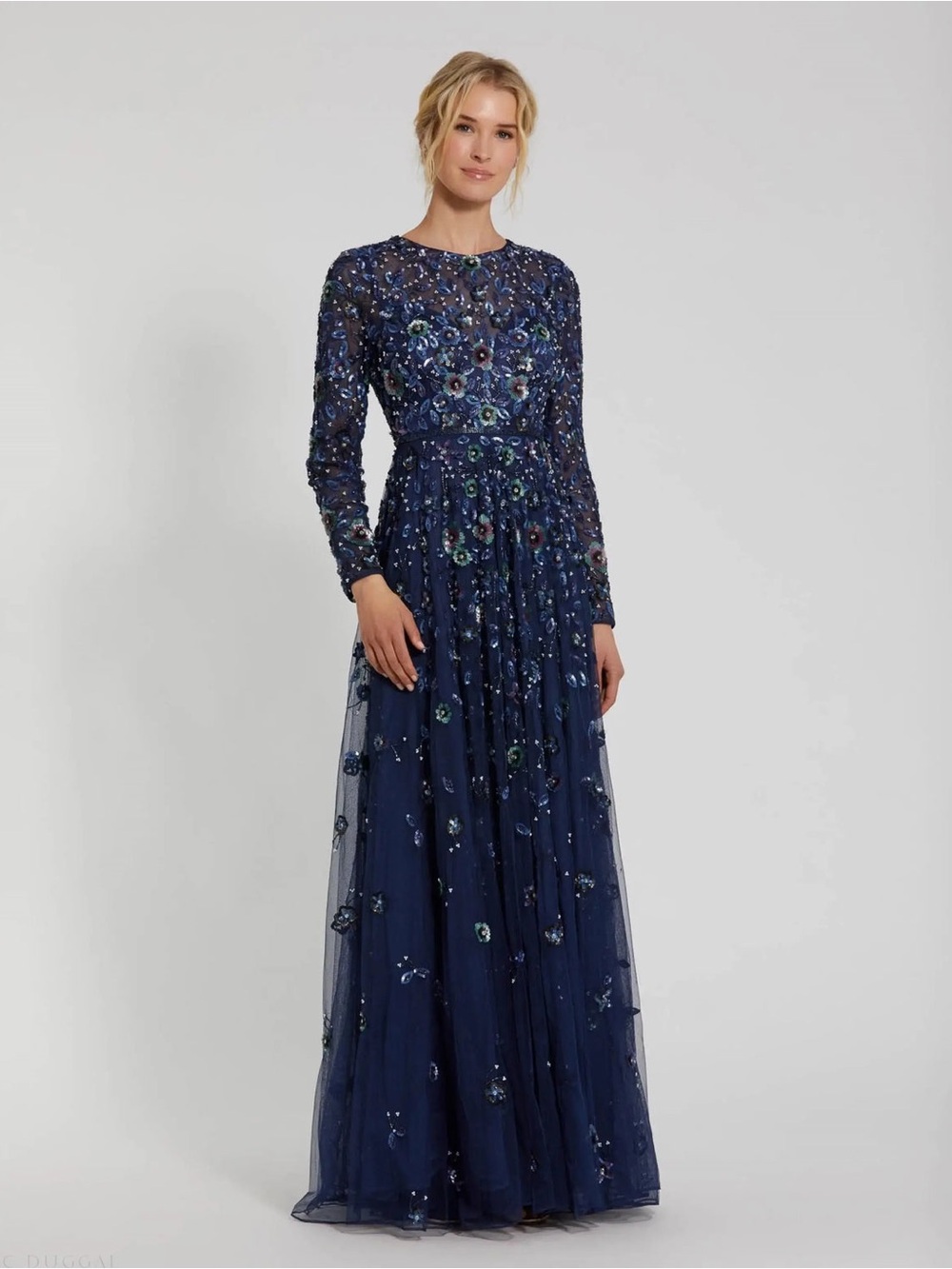 MAC DUGGAL Navy Embellished High Neck Long Sleeve A Line